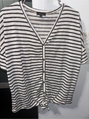 Verve Ami Black and White Striped Button-Front Tie-Hem Top